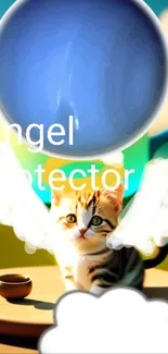 Cute kitten with angel wings on colorful background.