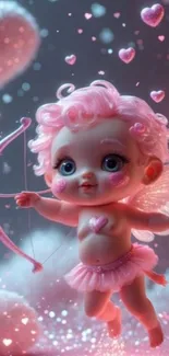 Cute angel doll holding a bow in fantasy setting.