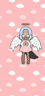 Cute cartoon angel on pastel pink cloud background.