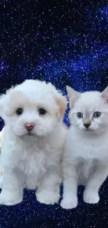 Puppy and kitten with angelic wings, in a starry sky.