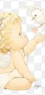 Cute cherub with dove on a light background.