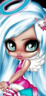 Cute anime angel with blue hair and halo.