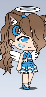 Cute anime character with angel wings and blue accents on a gradient background.