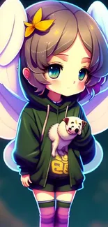 Cute anime character with wings and a puppy on dark green background.