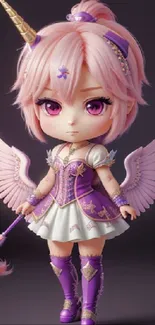 Charming anime angel with pink hair and wings in a purple outfit.