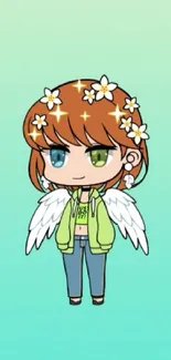 Cute anime character with wings and a flower crown on teal background.