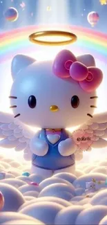 Adorable angelic cat with rainbow and halo