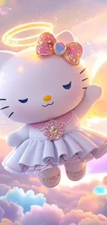 Cute angelic cat with pastel wings on clouds.