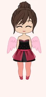 Cute chibi angel with pink wings on light pink background.