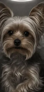 Adorable fluffy dog with angel wings in gray tones.