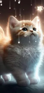 Angelic orange kitten with glowing wings and a star above its head.