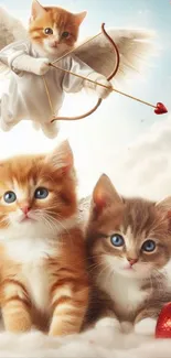 Angelic kittens on fluffy clouds with Cupid cat above.