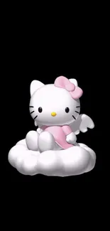 Adorable angel kitty on a cloud with a black background.