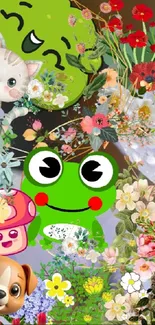 Cute animal and floral collage wallpaper in vibrant colors.