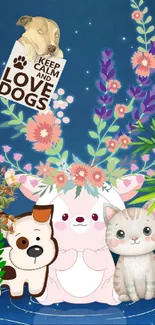 Cute animals and floral mobile wallpaper with dog, cat, and rabbit illustrations.