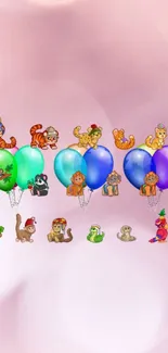 Mobile wallpaper with cute animals and colorful balloons on a soft pink background.