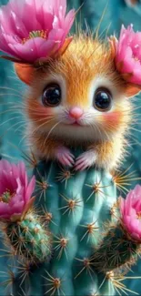 Cute furry creature with flowers on a cactus in a fantasy scene.