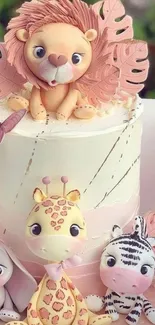 Cute animal-themed cake with lion, giraffe, zebra figures.