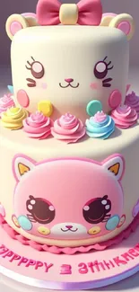 Adorable two-tiered cake with cute animal design in pastel colors.