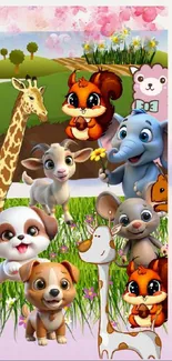 Adorable cartoon animals in a colorful nature setting on mobile wallpaper.