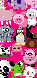 Cartoon animals on pink wallpaper, cute design.