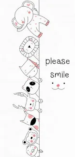 Cute cartoon animals with 'please smile' message on mobile wallpaper.