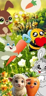 Cute cartoon animals in a colorful flower field wallpaper.