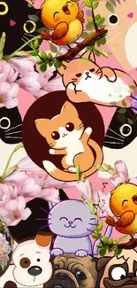 Cute cartoon animal wallpaper with floral design.