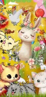 Cute animal collage wallpaper with llamas, kittens, and colorful background.