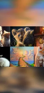 Collage of cute kittens and lion cubs with a colorful background.