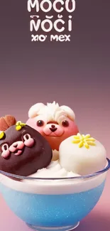 Mobile wallpaper featuring adorable animal-themed desserts in a colorful bowl.