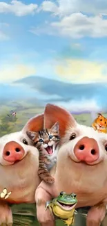 Cute pigs, kitten, and frog in a vibrant farm setting under a blue sky.