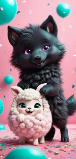 Fluffy black dog with pink lamb amid teal balloons.