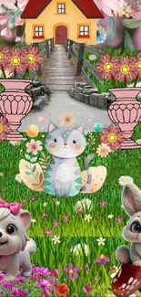 Charming garden scene with playful animals and vibrant flowers.