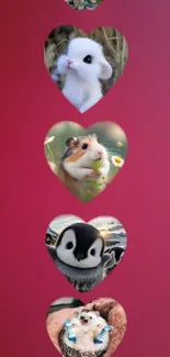 Cute animals in heart frames on pink wallpaper.