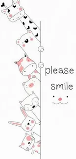 Cartoon animal wallpaper with 'please smile' text.