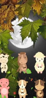 Cute cartoon animals under a moonlit sky with green leaves and flowers.