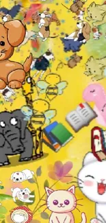 Cute animal cartoon wallpaper with books and a yellow background.