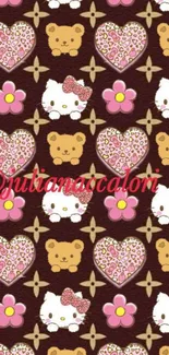 Cute animal pattern wallpaper with hearts, bears, and pink flowers.