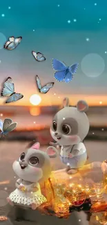 Cute animals and butterflies enjoying a sunset view on a mobile wallpaper.