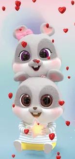 Cute cartoon rabbit wallpaper with hearts and pastel colors.