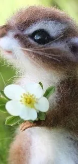 Cute animal holding a white flower