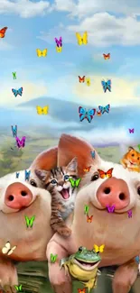 Joyful pigs and a kitten with vibrant butterflies in a sunny, whimsical landscape.