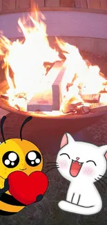 Cute cartoon bee and cat by a warm fire.