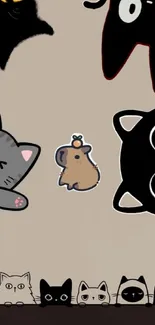 Cute cartoon animals and cats on beige background.