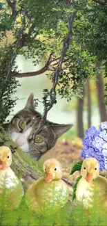 Cute ducklings and a cat in a forest with hydrangeas.