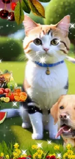 Cute cat and dog in vibrant nature scene with flowers and fruit.