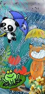 Cute cartoon animals with umbrellas in a colorful, rainy mobile wallpaper.