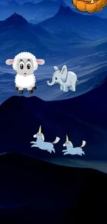 Cartoon animals on a dark blue mountain wallpaper.