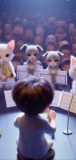 Cute animals orchestra playing music on stage with audience.